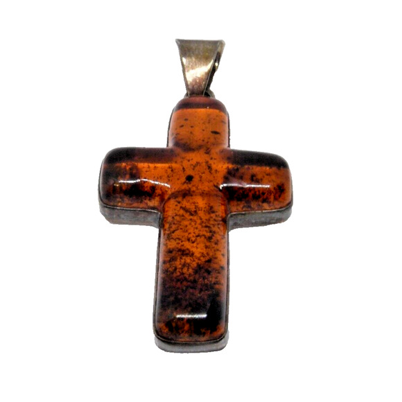 925 Sterling Silver Cognac Orange Amber Cross Pendant 2.75" Signed TT-39 - Picture 1 of 6
